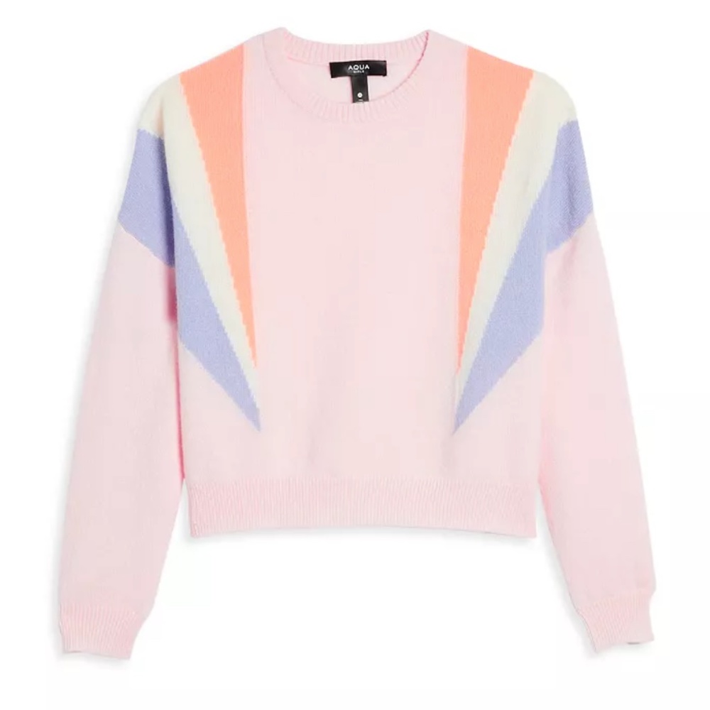 AQUA Cashmere Girls' Cashmere Colorblock Panel Crewneck - Big Kid